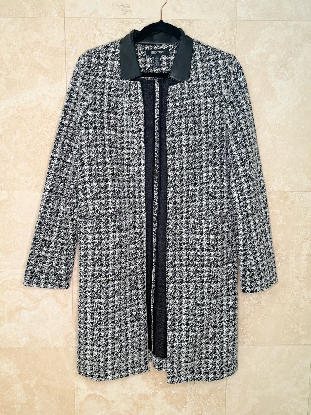 Ellen Tracy Black White Houndstooth Faux Leather Open Front Jacket Size M EUC